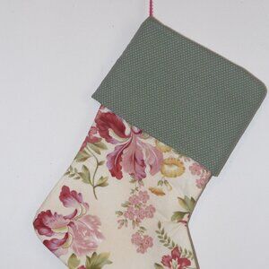 Colorful Pink Flowers 14" Hand Crafted Christmas Stocking Pink Ribbon to Hang En